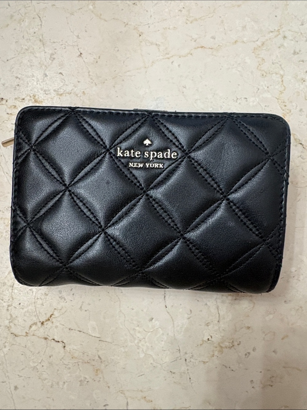 kate spade Black Quilted Leather Zip Wallet with Gold Logo